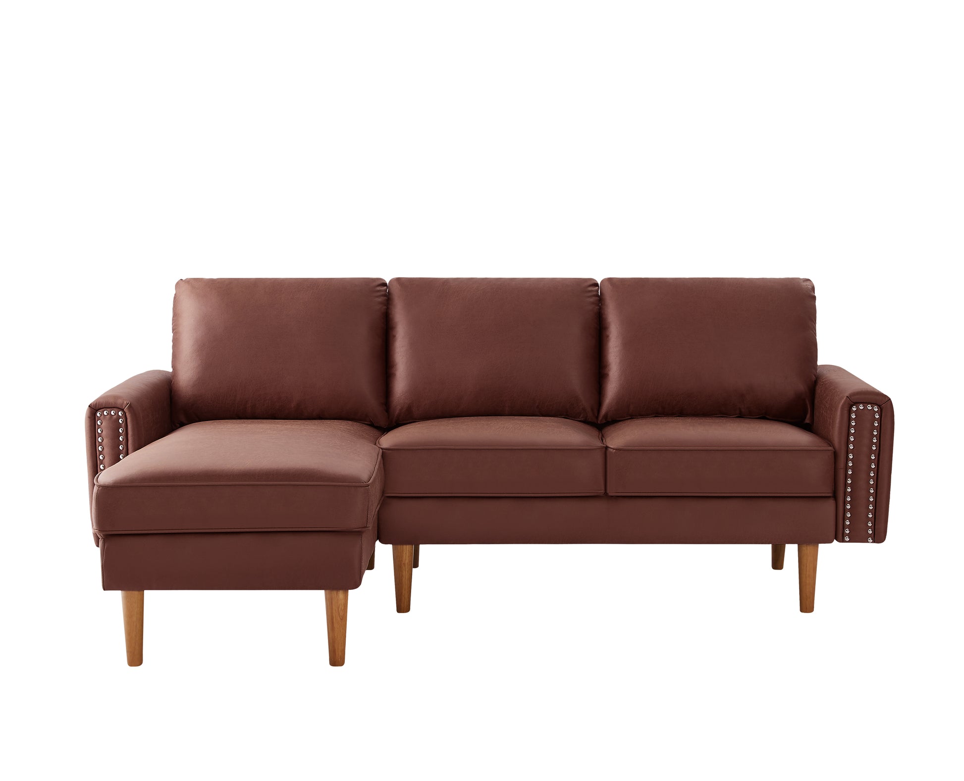 82.2"L Shape Sofa Couch With Chais Mid Century Copper Nail On Arms,Strong Wooden Leg And Suede Fabric Design That Will Complement Any Living Space.Left Chaise,Dark Brown Dark Brown Tech Cloth