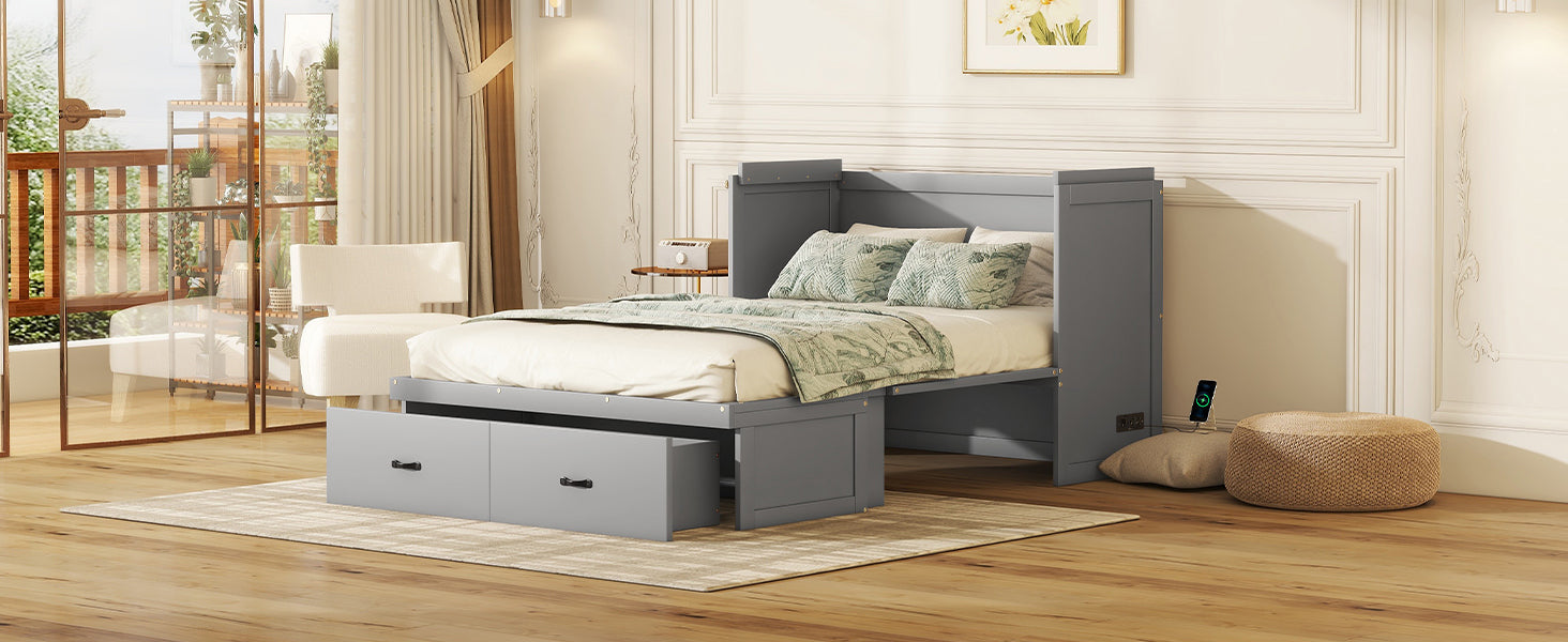 Full Size Murphy Bed With Usb Port And A Large Drawer, Gray Gray Solid Wood Mdf