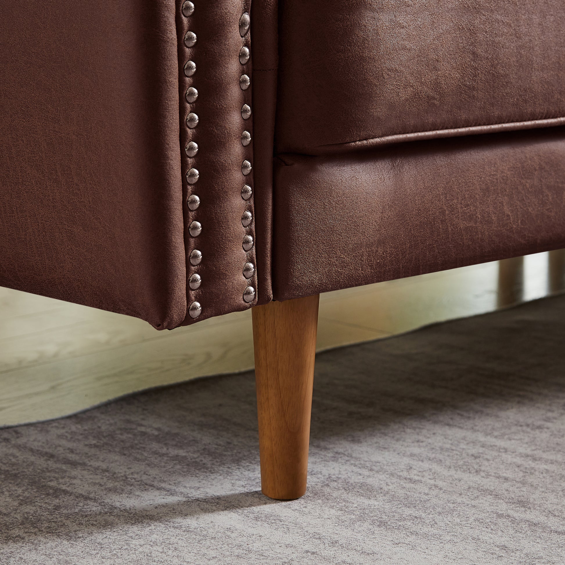 82.2"L Shape Sofa Couch With Chais Mid Century Copper Nail On Arms,Strong Wooden Leg And Suede Fabric Design That Will Complement Any Living Space.Right Chaise,Dark Brown Dark Brown Tech Cloth