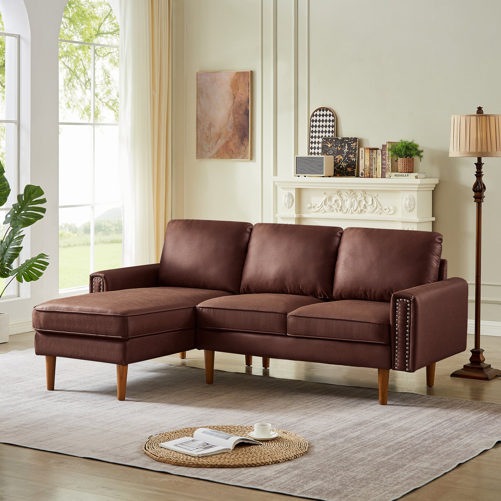 82.2"L Shape Sofa Couch With Chais Mid Century Copper Nail On Arms,Strong Wooden Leg And Suede Fabric Design That Will Complement Any Living Space.Left Chaise,Dark Brown Dark Brown Tech Cloth