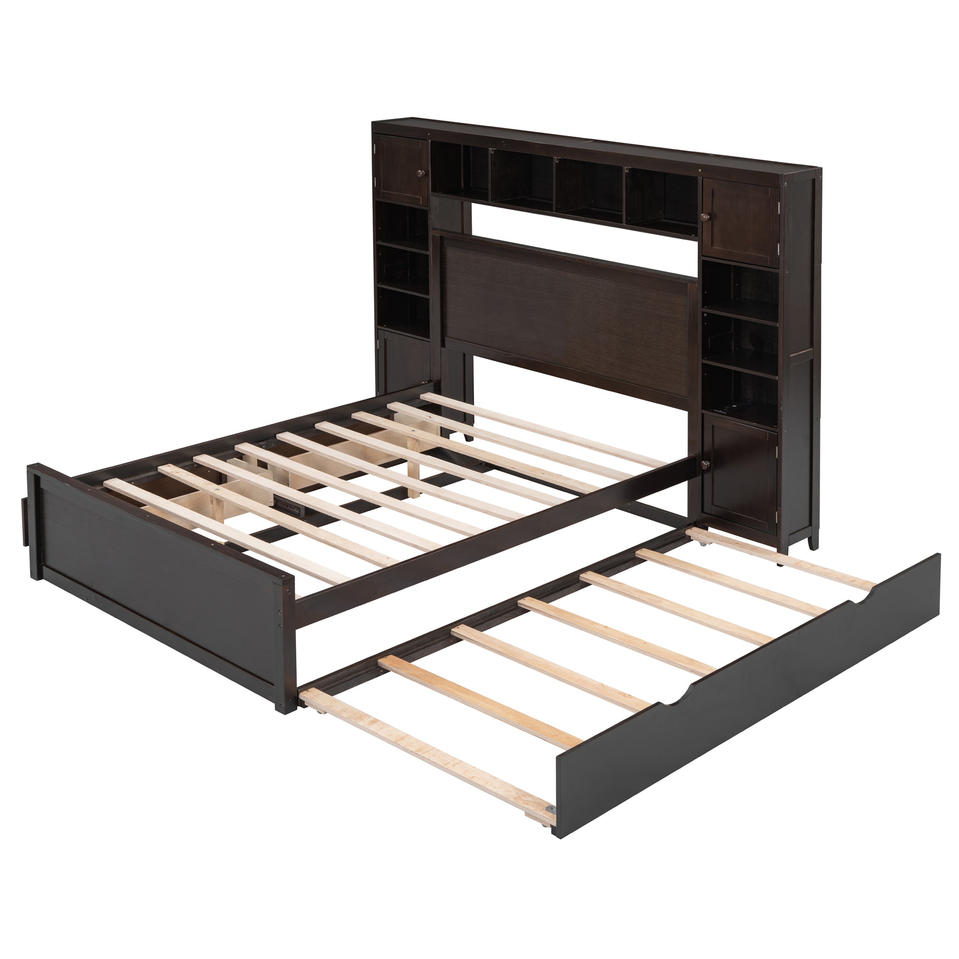 Full Size Wooden Bed With All In One Cabinet, Shelf And Sockets,Twin Size Trundle, Espresso Full Espresso Solid Wood