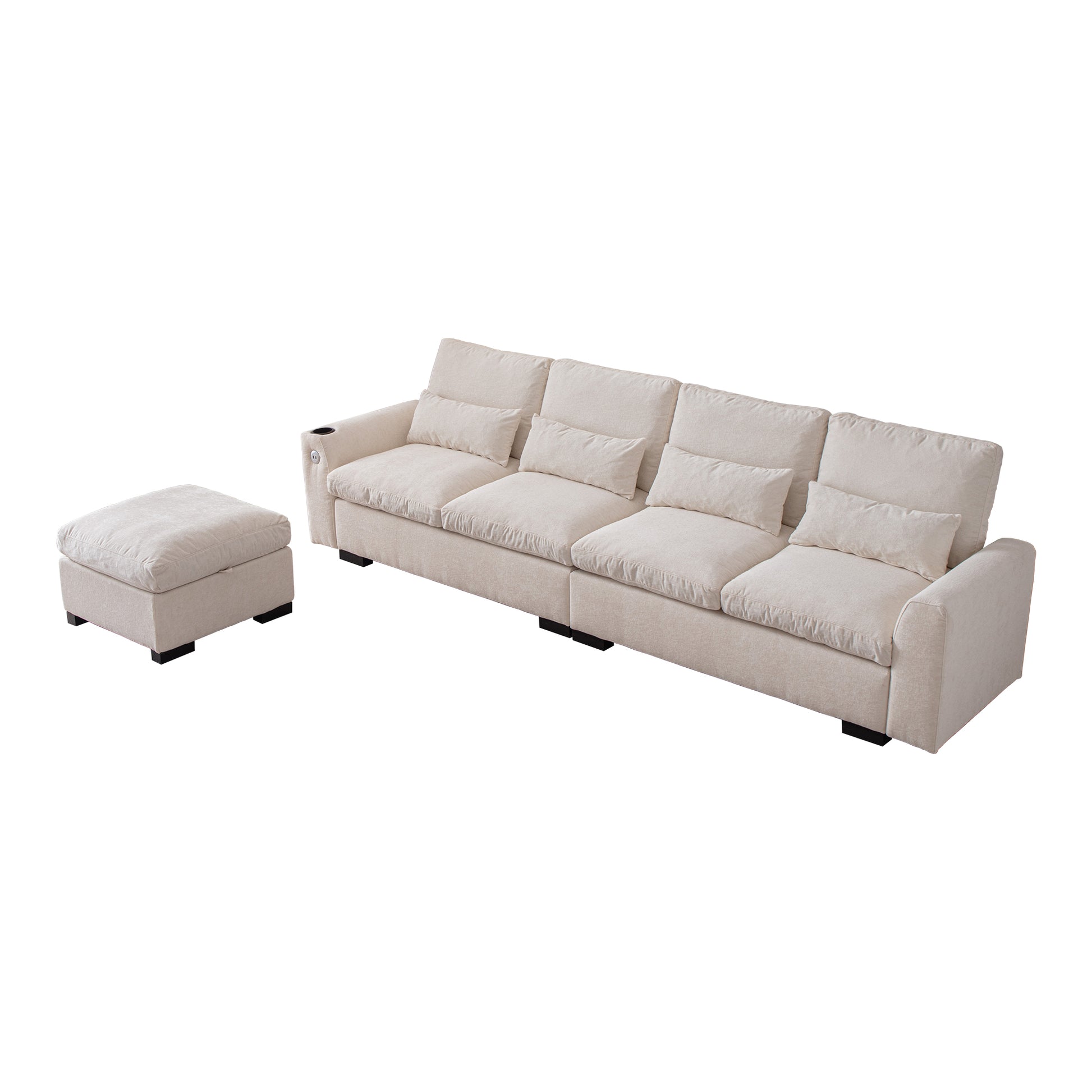 114.5"Modern Modular L Shaped Chenille Sofa Couch Reversible Ottoman With Storage Removable And Washable Cushions Sofa With Usb Ports & Cup Holder For Living Room Beige Modern Foam Chenille