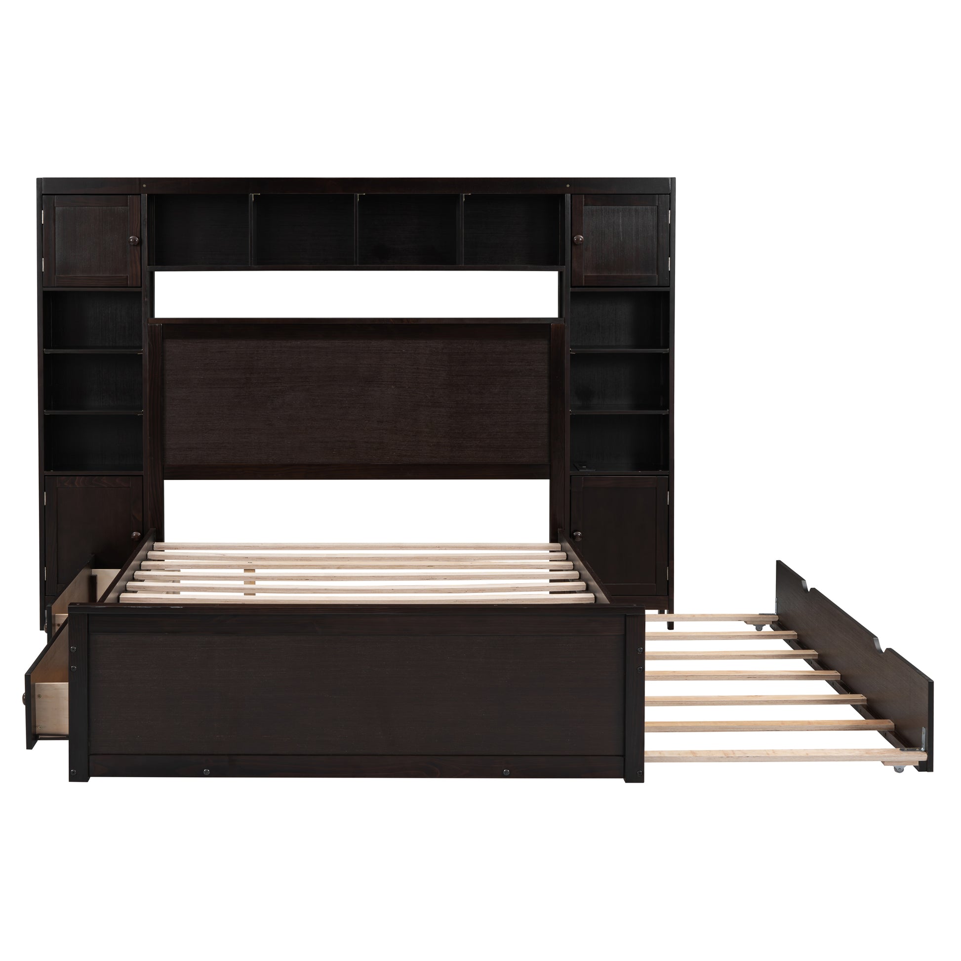 Full Size Wooden Bed With All In One Cabinet, Shelf And Sockets,Twin Size Trundle, Espresso Full Espresso Solid Wood