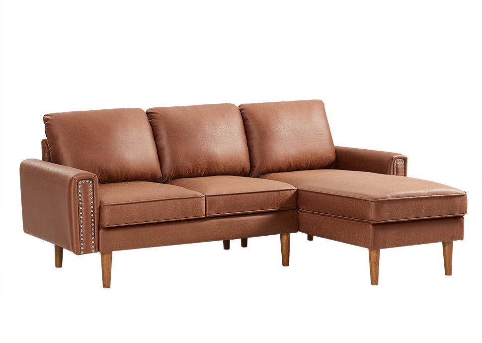82.2"L Shape Sofa Couch With Chais Mid Century Copper Nail On Arms,Strong Wooden Leg And Suede Fabric Design That Will Complement Any Living Space.Right Chaise, Brown Brown Tech Cloth