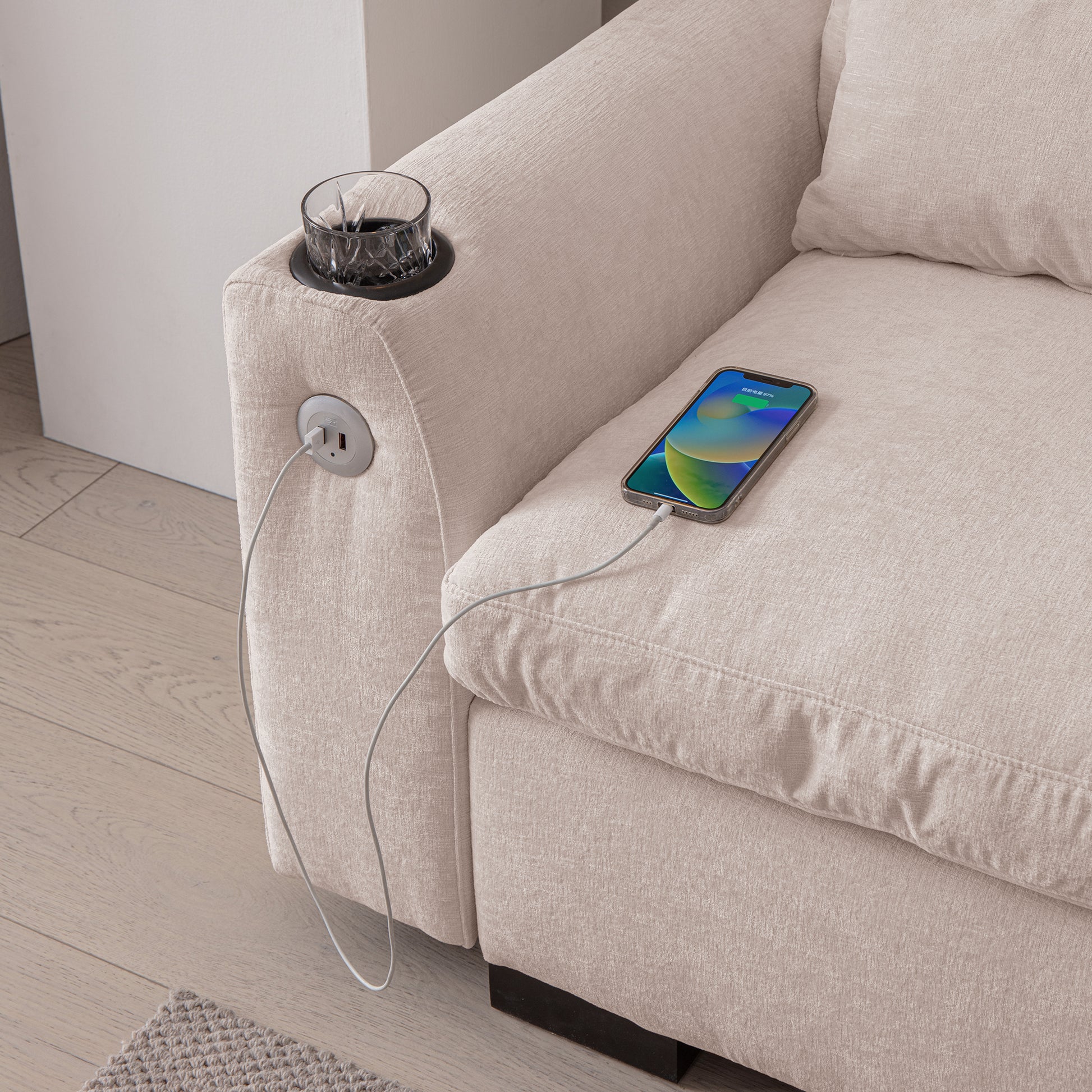 114.5"Modern Modular L Shaped Chenille Sofa Couch Reversible Ottoman With Storage Removable And Washable Cushions Sofa With Usb Ports & Cup Holder For Living Room Beige Modern Foam Chenille