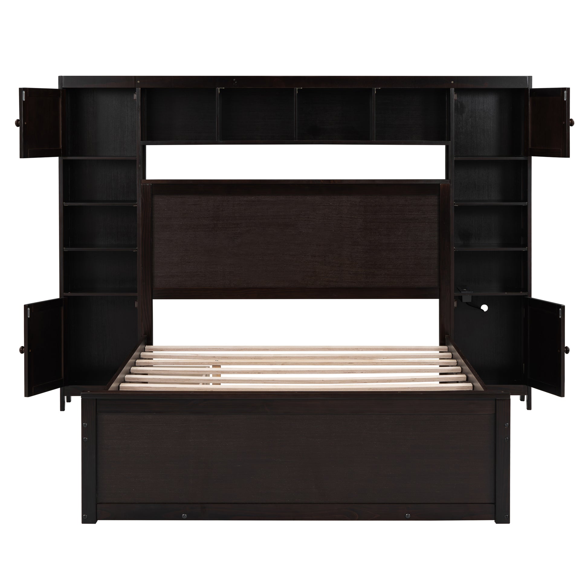 Full Size Wooden Bed With All In One Cabinet, Shelf And Sockets,Twin Size Trundle, Espresso Full Espresso Solid Wood