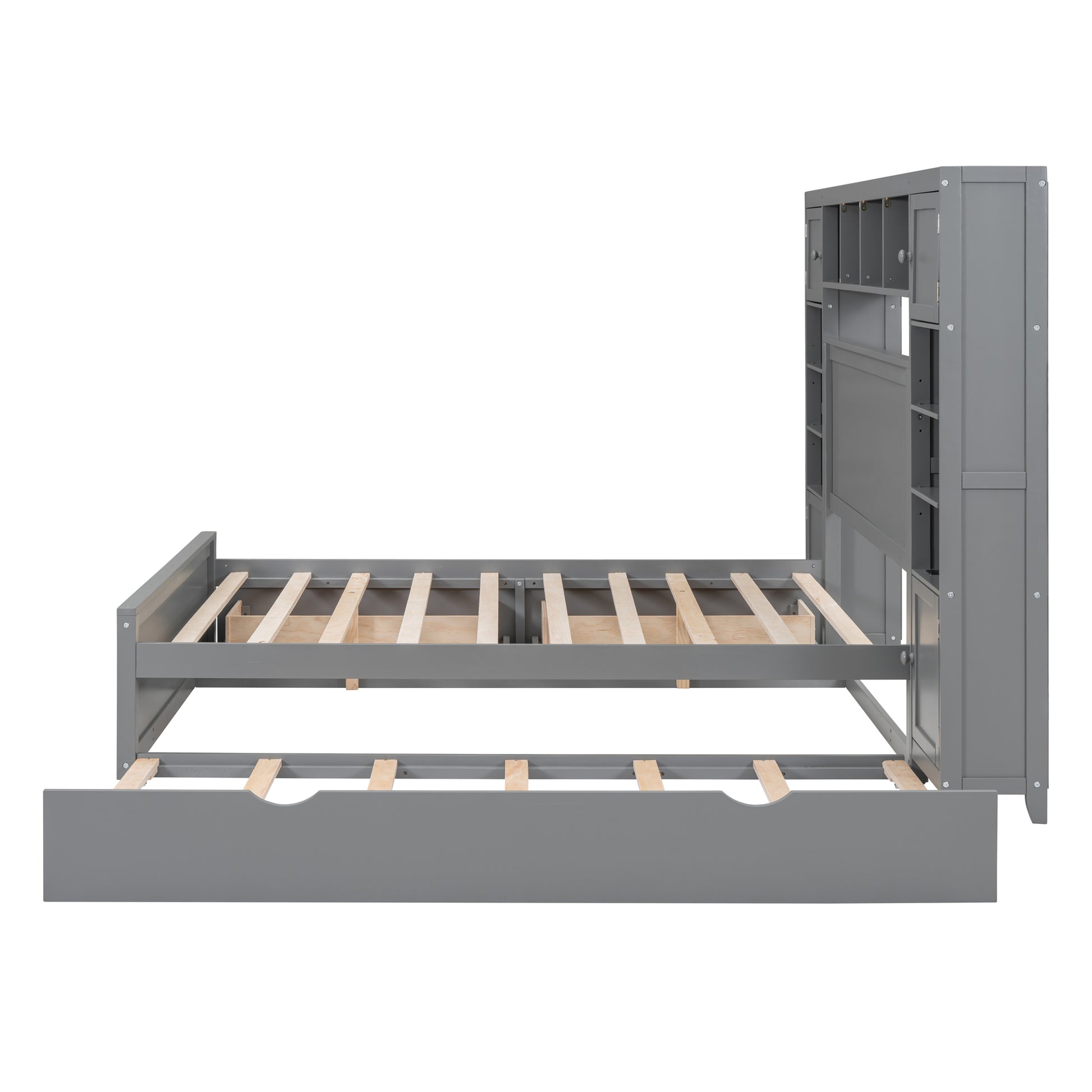 Full Size Wooden Bed With All In One Cabinet, Shelf And Sockets,Twin Size Trundle, Gray Full Gray Solid Wood