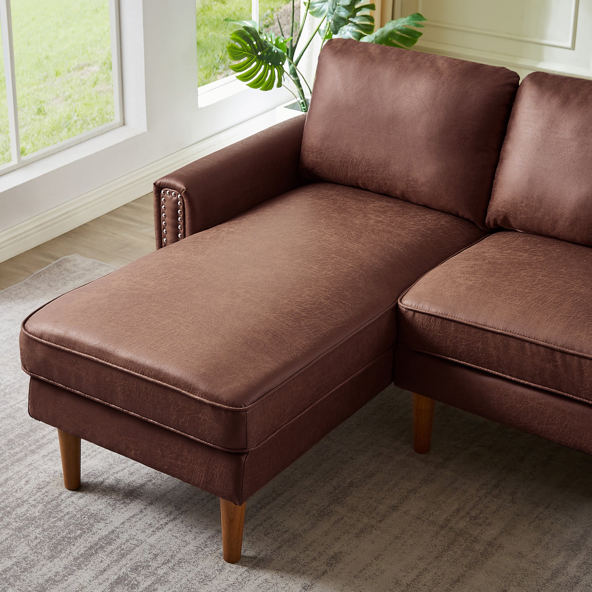 82.2"L Shape Sofa Couch With Chais Mid Century Copper Nail On Arms,Strong Wooden Leg And Suede Fabric Design That Will Complement Any Living Space.Left Chaise,Dark Brown Dark Brown Tech Cloth