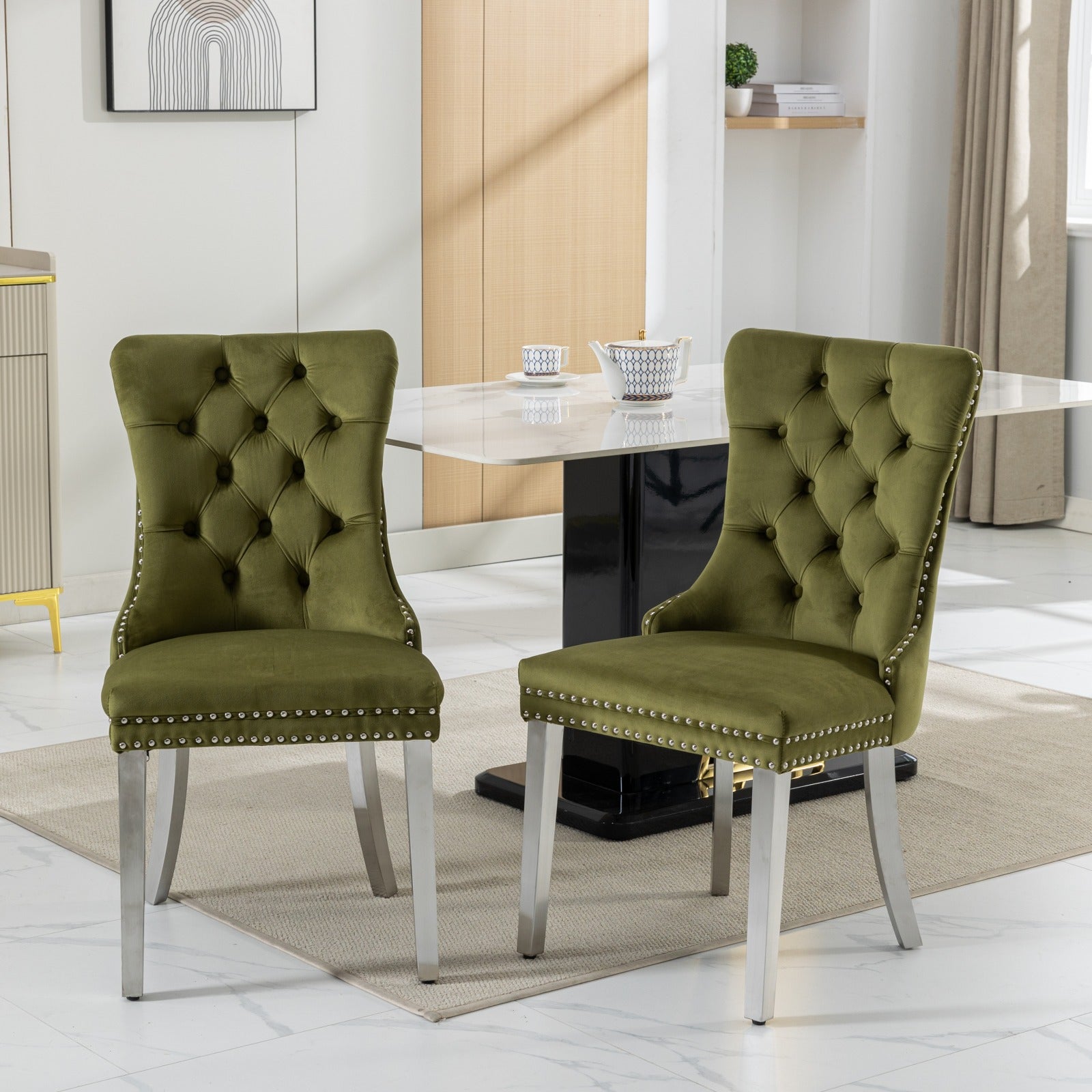 Nikki Collection Modern, High End Tufted Solid Wood Contemporary Velvet Upholstered Dining Chair With Chrome Stainless Steel Plating Legs,Nailhead Trim,Set Of 2,Olive Green And Chrome, Sw1701Ol Olive Green Dining Room American Design Rubberwood Foam