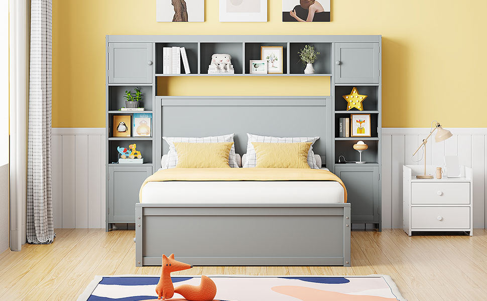 Full Size Wooden Bed With All In One Cabinet, Shelf And Sockets,Twin Size Trundle, Gray Full Gray Solid Wood