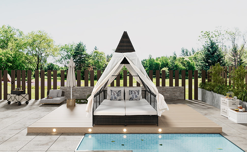 Outdoor Daybed Patio Lounge Bed With Adjustable Backrest Outdoor Double Sun Lounger With Curtains, 4 Pillows For Garden Patio Poolside Balcony Beach, Cream Yes Cream Water Resistant Frame Water Resistant Cushion Garden & Outdoor Sectional Seating Groups