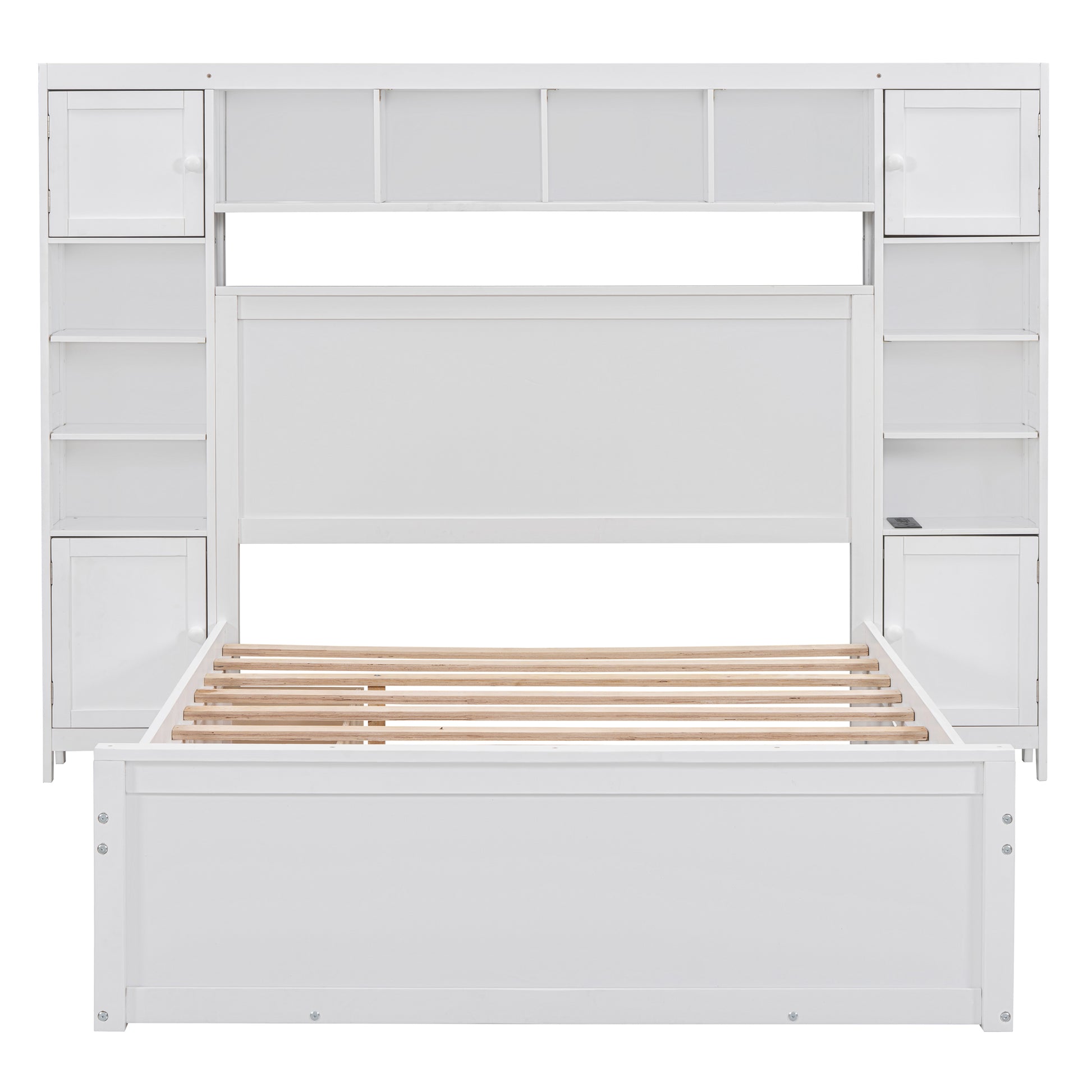 Full Size Wooden Bed With All In One Cabinet, Shelf And Sockets,Twin Size Trundle, White Full White Solid Wood
