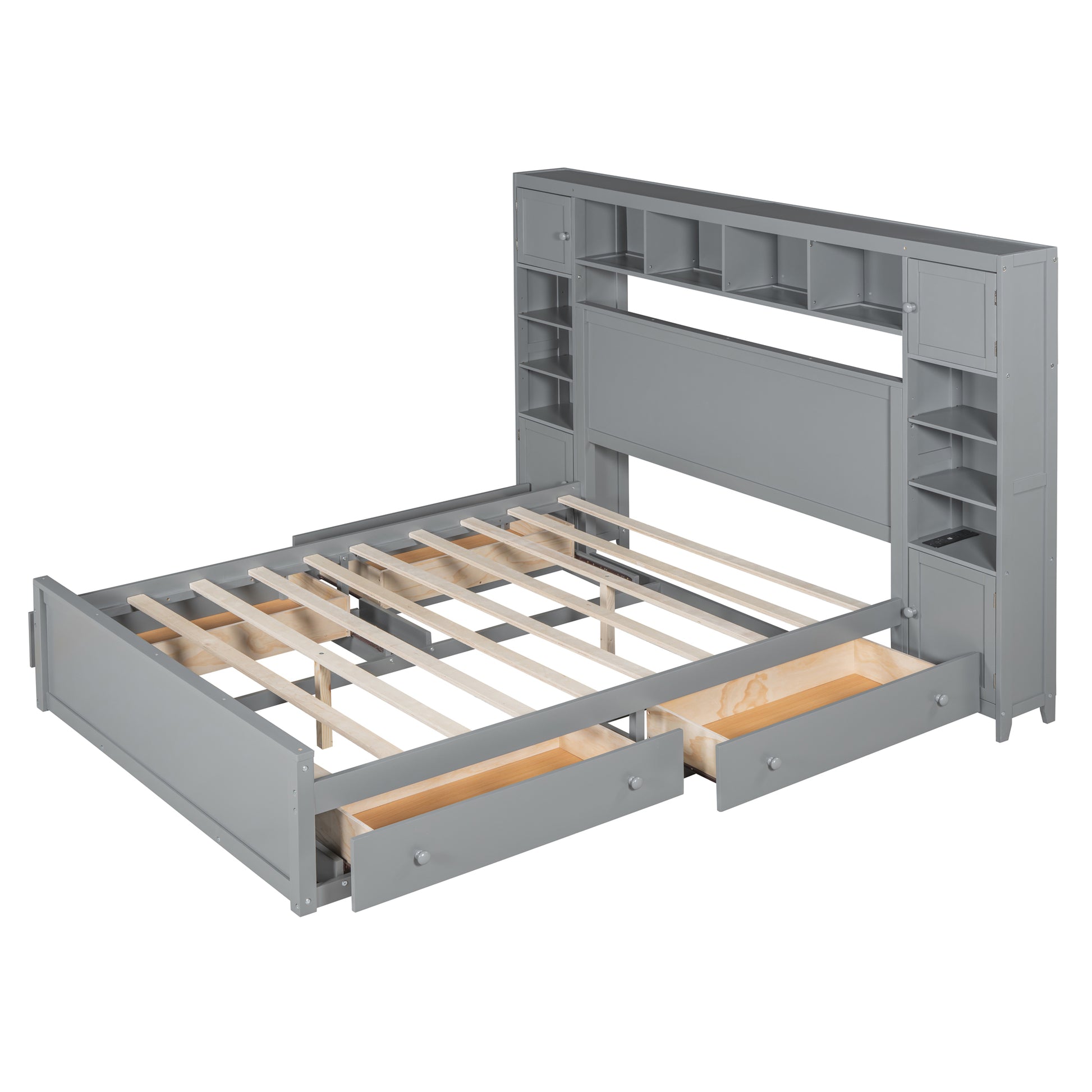 Queen Size Wooden Bed With All In One Cabinet, Shelf And Sockets, Gray Gray Solid Wood