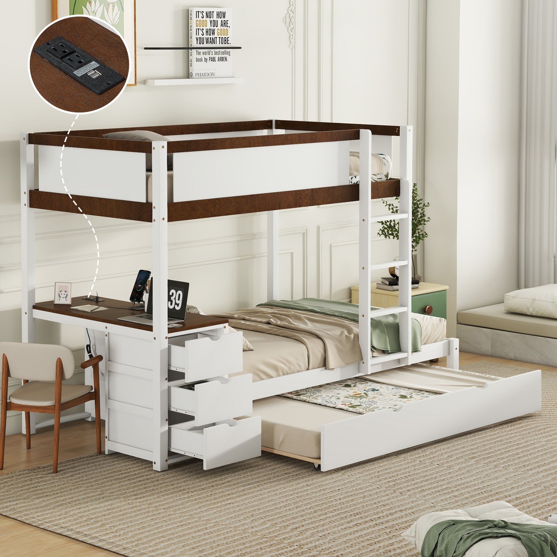 Twin Over Twin Bunk Bed With Twin Size Trundle, Storage And Desk, White Walnut White Walnut Solid Wood