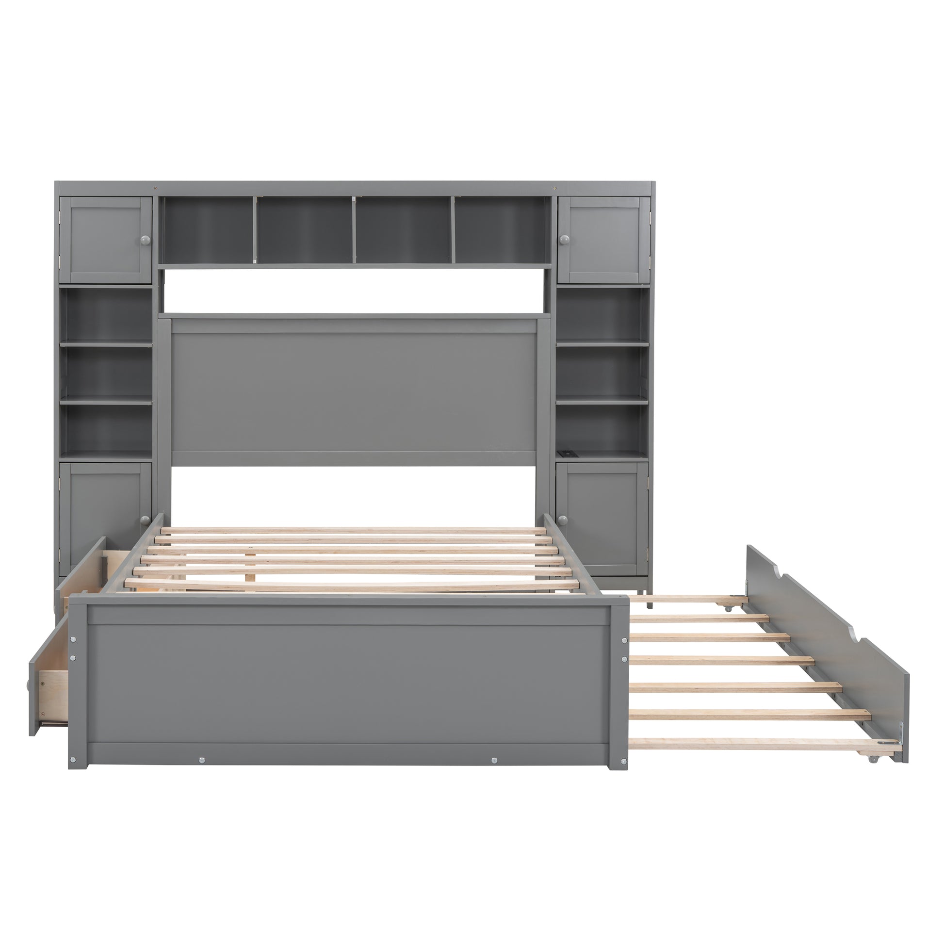 Full Size Wooden Bed With All In One Cabinet, Shelf And Sockets,Twin Size Trundle, Gray Full Gray Solid Wood