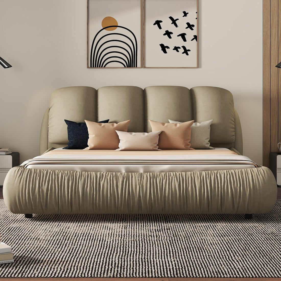 Queen Size Luxury Upholstered Bed With Thick Headboard, Vevet Queen Bed With Oversized Padded Backrest, Cinerous Expect Arrive Date 2024 4 7 Queen Stone Gray Velvet