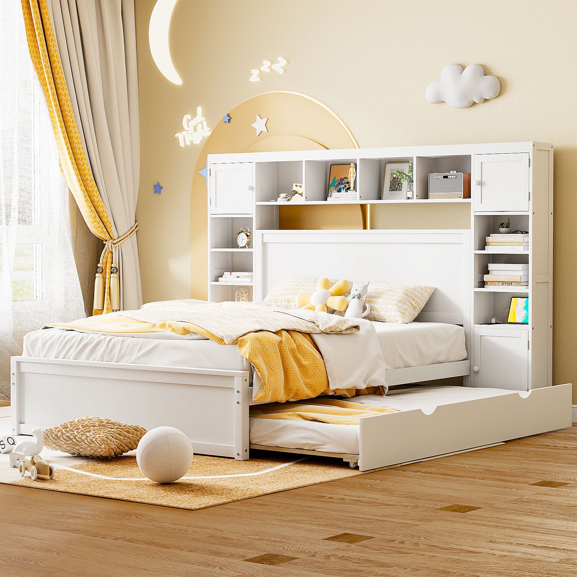 Queen Size Wooden Bed With All In One Cabinet, Shelf And Sockets,Twin Xl Trundle,White Queen White Solid Wood