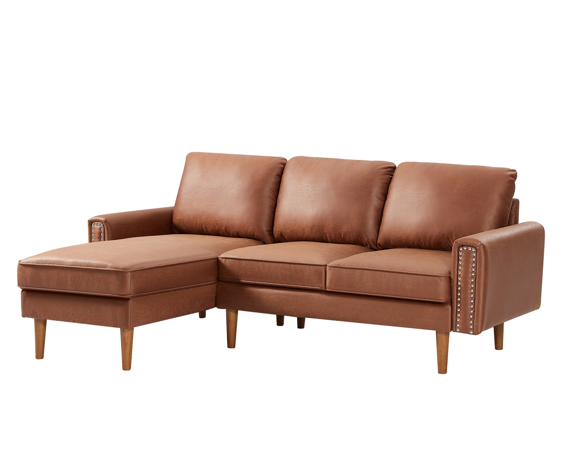 82.2"L Shape Sofa Couch With Chais Mid Century Copper Nail On Arms,Strong Wooden Leg And Suede Fabric Design That Will Complement Any Living Space.Left Chaise, Brown Brown Tech Cloth
