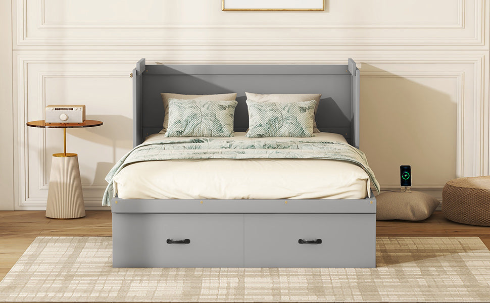 Full Size Murphy Bed With Usb Port And A Large Drawer, Gray Gray Solid Wood Mdf