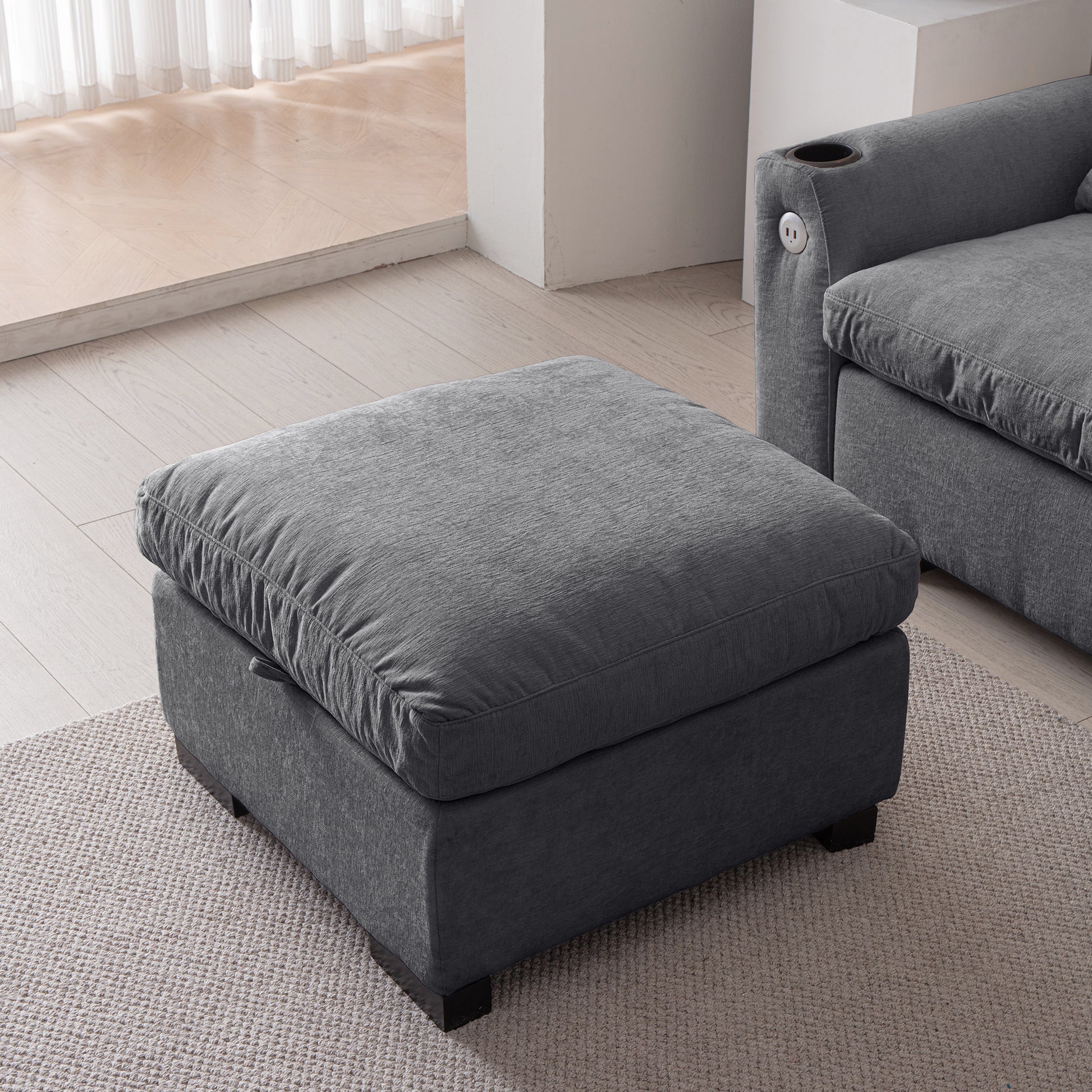 114.5"Modern Modular L Shaped Chenille Sofa Couch Reversible Ottoman With Storage Removable And Washable Cushions Sofa With Usb Ports & Cup Holder For Living Room Dark Grey Modern Foam Chenille