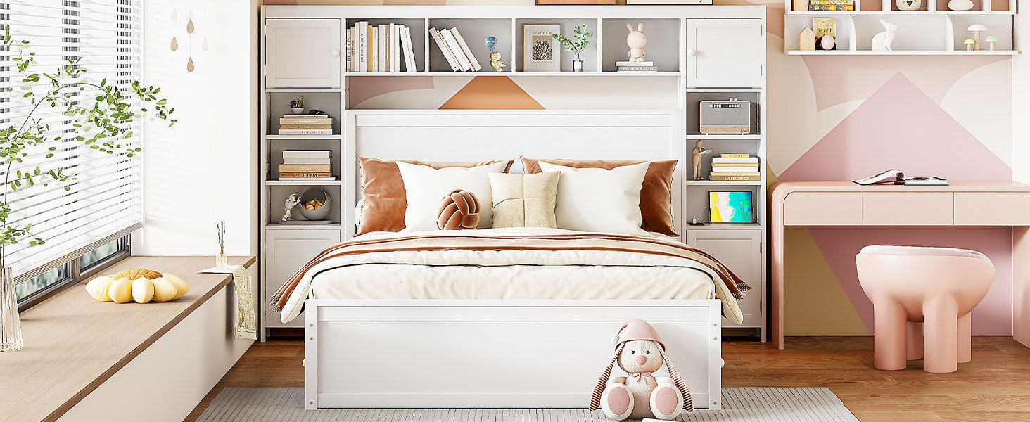 Queen Size Wooden Bed With All In One Cabinet, Shelf And Sockets, White White Solid Wood