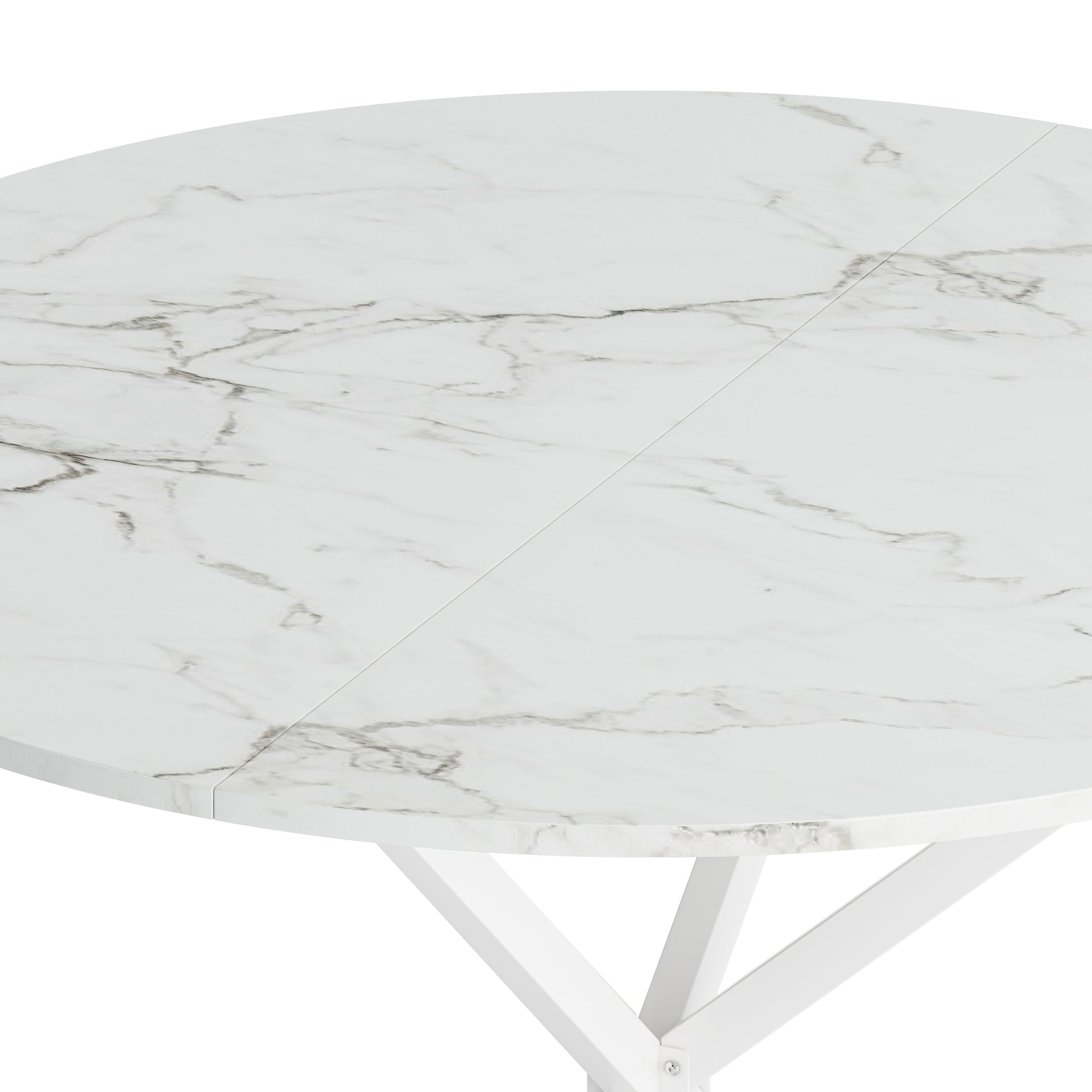 47.24'' Modern Cross Leg Round Dining Table, White Marble Top Occasional Table, Two Piece Removable Top, Matte Finish Iron Legs White Mdf Metal
