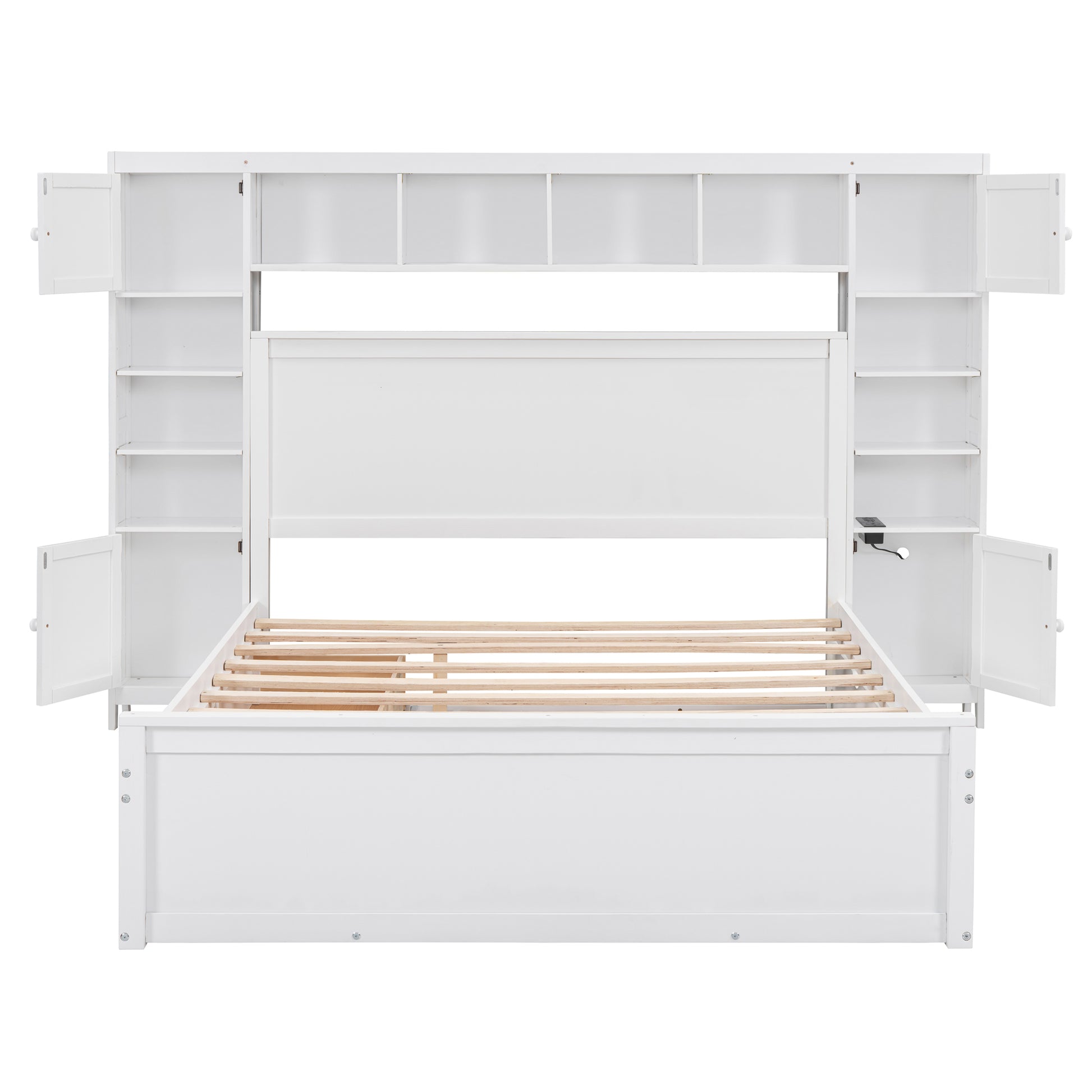 Queen Size Wooden Bed With All In One Cabinet, Shelf And Sockets,Twin Xl Trundle,White Queen White Solid Wood