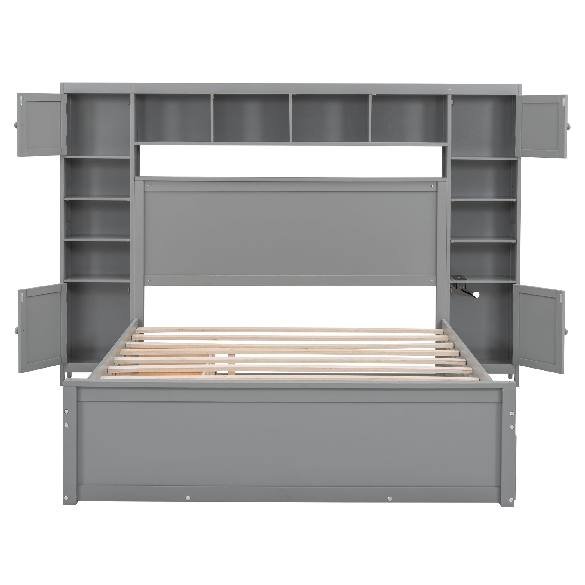 Queen Size Wooden Bed With All In One Cabinet, Shelf And Sockets,Twin Xl Trundle, Gray Queen Gray Solid Wood