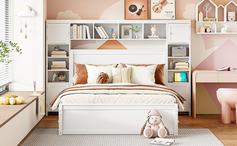 Queen Size Wooden Bed With All In One Cabinet, Shelf And Sockets, White White Solid Wood