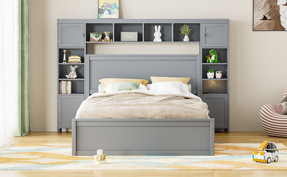 Queen Size Wooden Bed With All In One Cabinet, Shelf And Sockets, Gray Gray Solid Wood