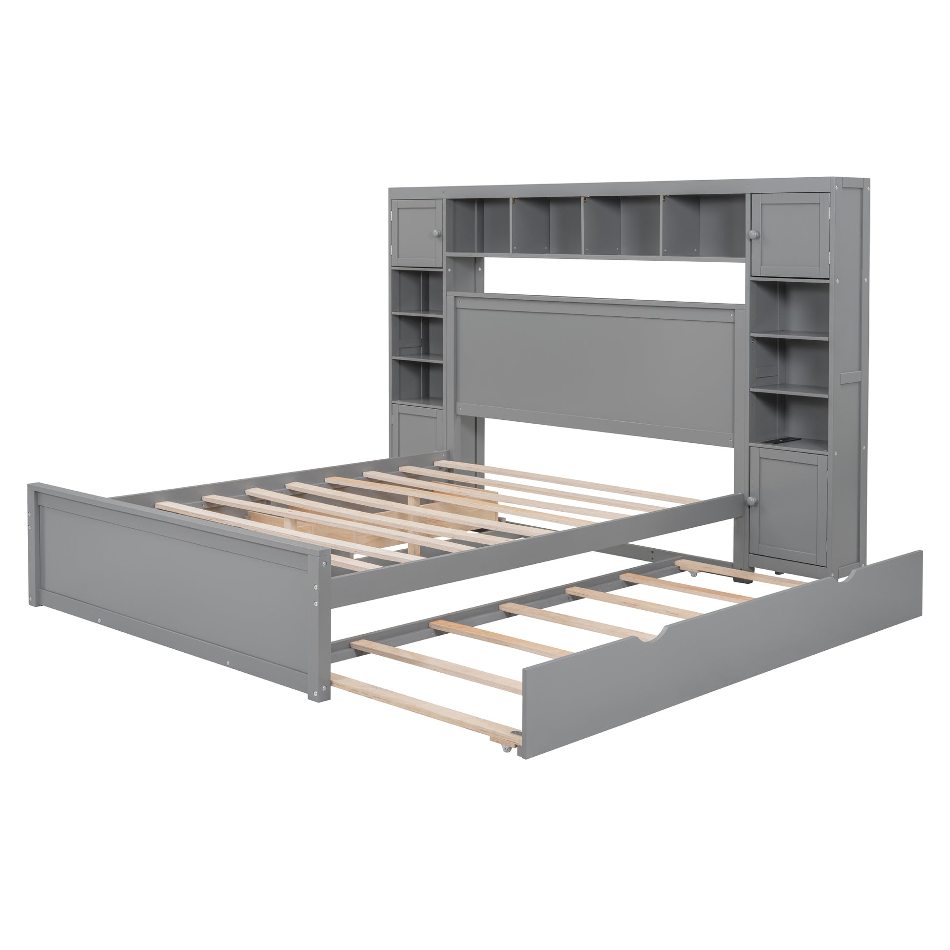 Queen Size Wooden Bed With All In One Cabinet, Shelf And Sockets,Twin Xl Trundle, Gray Queen Gray Solid Wood