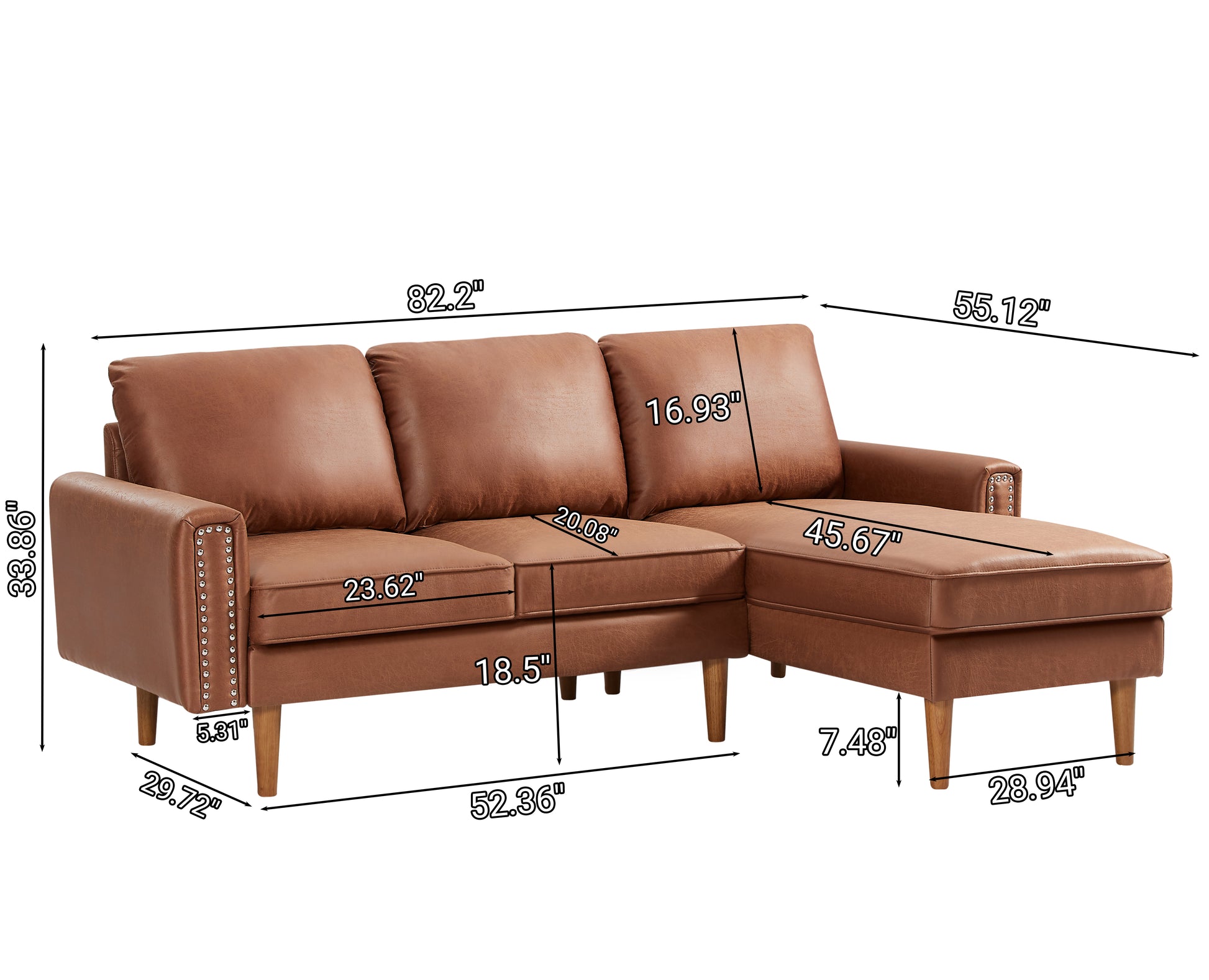 82.2"L Shape Sofa Couch With Chais Mid Century Copper Nail On Arms,Strong Wooden Leg And Suede Fabric Design That Will Complement Any Living Space.Right Chaise, Brown Brown Tech Cloth