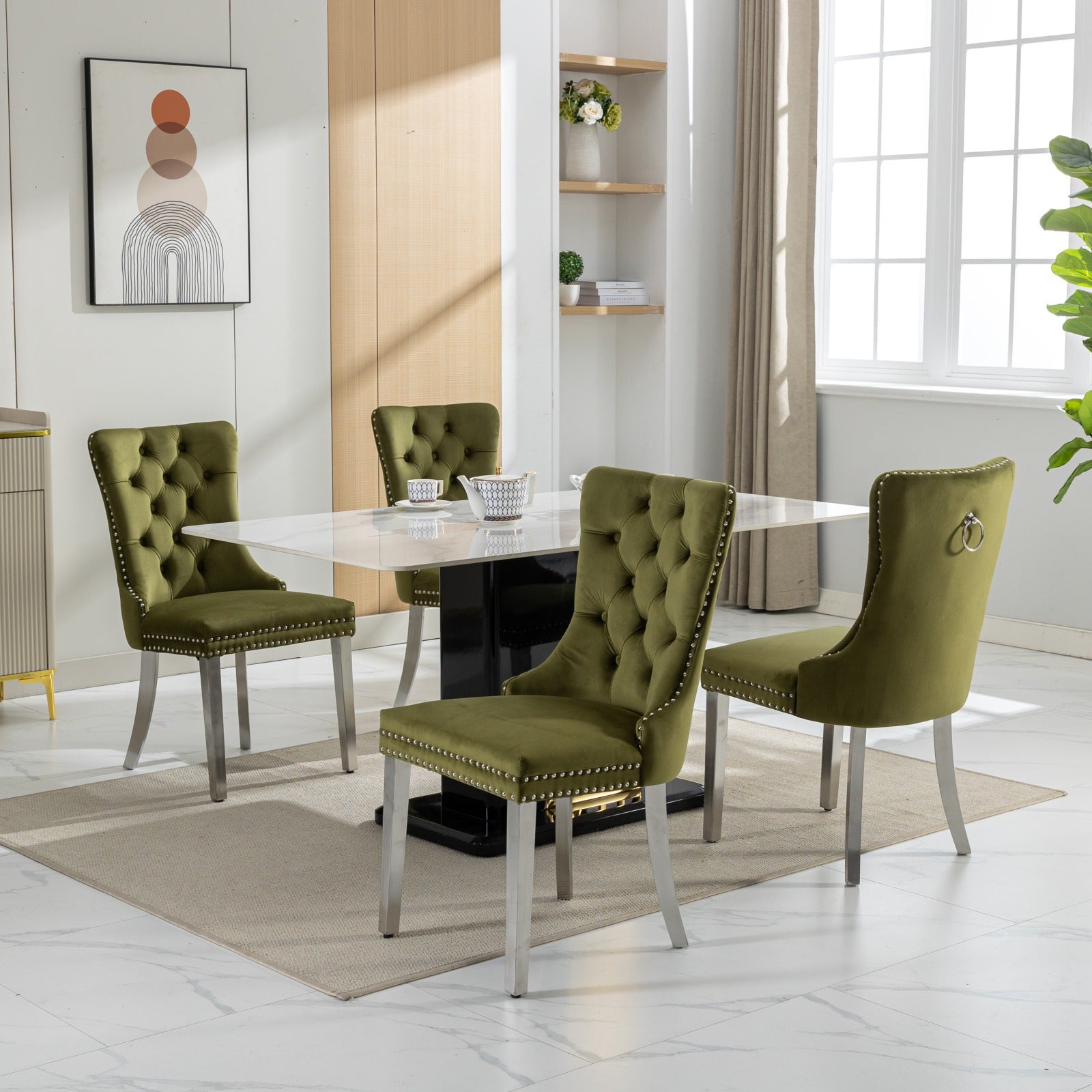 Nikki Collection Modern, High End Tufted Solid Wood Contemporary Velvet Upholstered Dining Chair With Chrome Stainless Steel Plating Legs,Nailhead Trim,Set Of 2,Olive Green And Chrome, Sw1701Ol Olive Green Dining Room American Design Rubberwood Foam