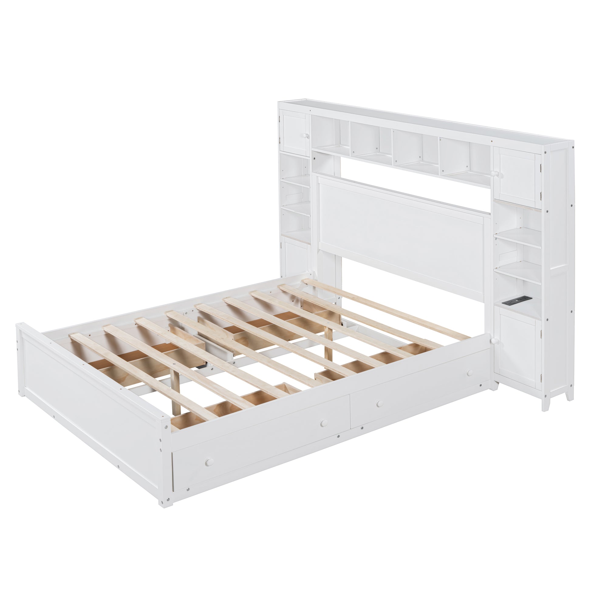 Queen Size Wooden Bed With All In One Cabinet, Shelf And Sockets, White White Solid Wood