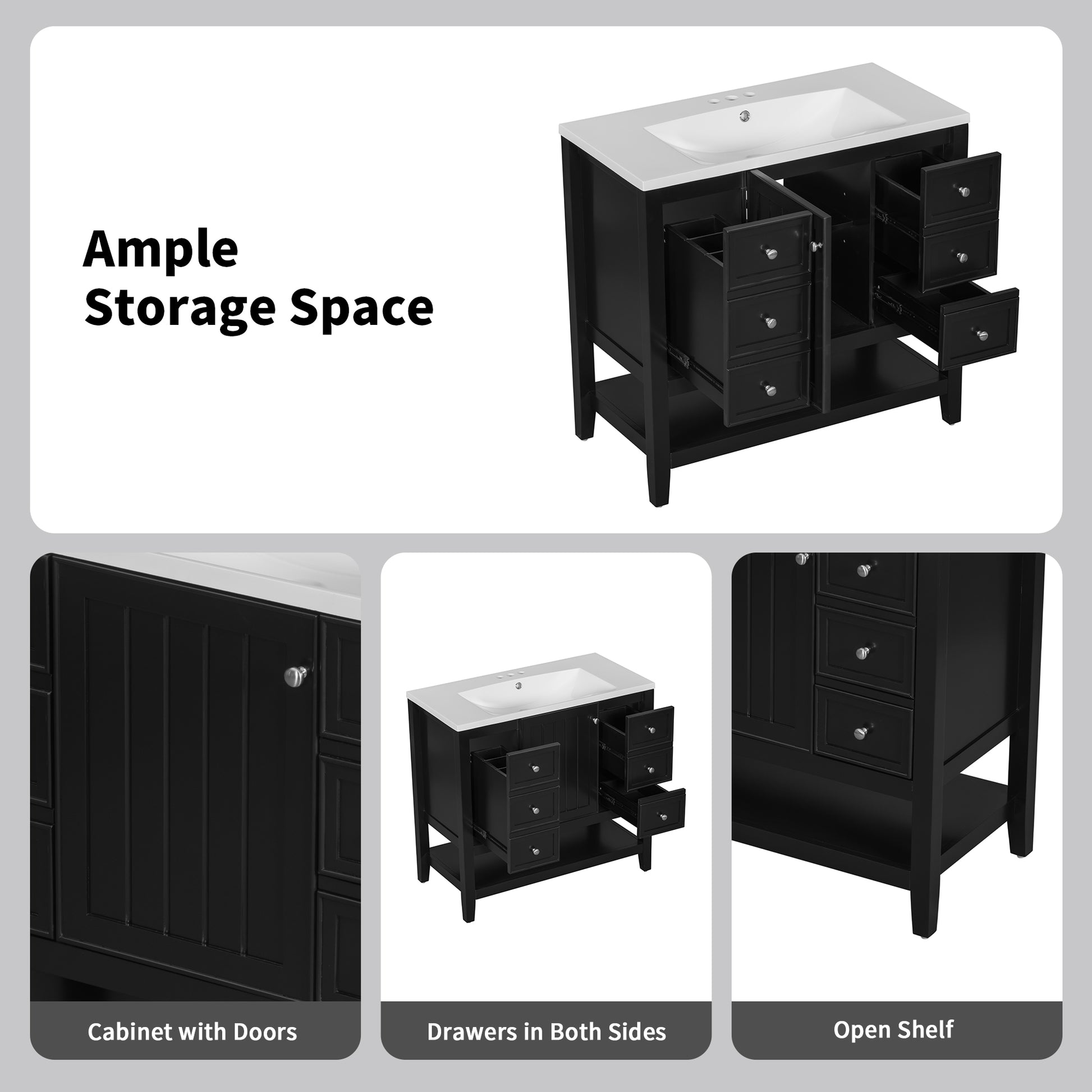 36" Bathroom Vanity With Sink Combo, One Cabinet And Three Drawers, Solid Wood And Mdf Board, Black Old Sku:Sy999505Aab Black Solid Wood Mdf