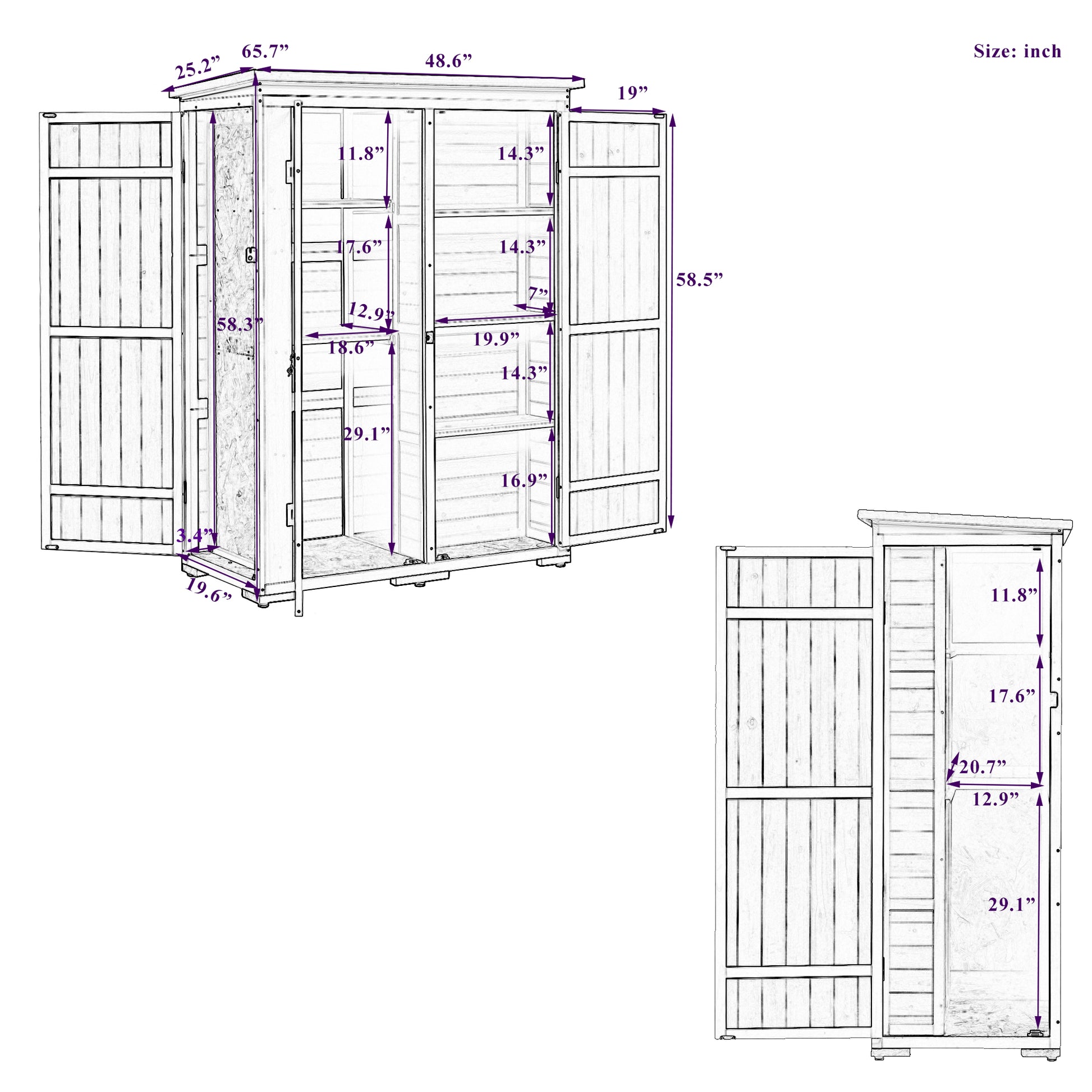 Outdoor 5.5Ft Hx4.1Ft L Wood Storage Shed, Garden Tool Cabinet With Waterproof Asphalt Roof, Four Lockable Doors, Multiple Tier Shelves, White And Gray White Gray Water Resistant Frame Garden &