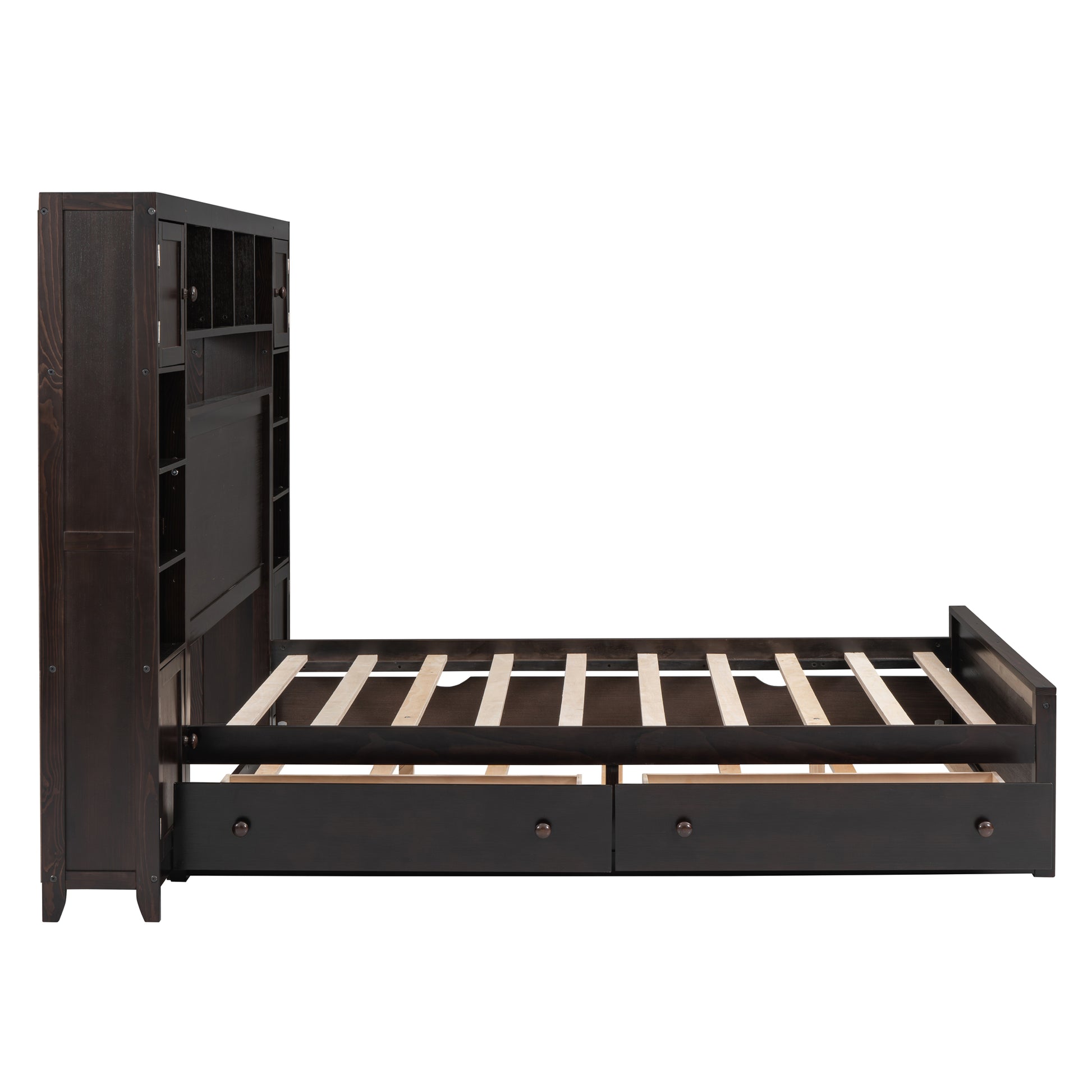 Full Size Wooden Bed With All In One Cabinet, Shelf And Sockets,Twin Size Trundle, Espresso Full Espresso Solid Wood