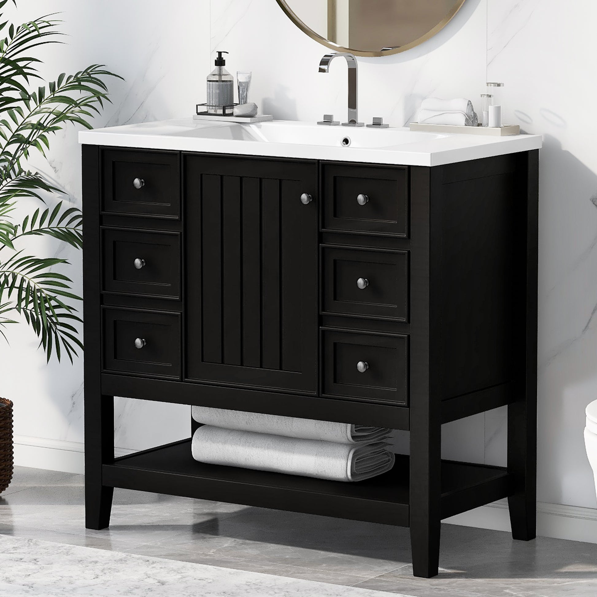 36" Bathroom Vanity With Sink Combo, One Cabinet And Three Drawers, Solid Wood And Mdf Board, Black Old Sku:Sy999505Aab Black Solid Wood Mdf