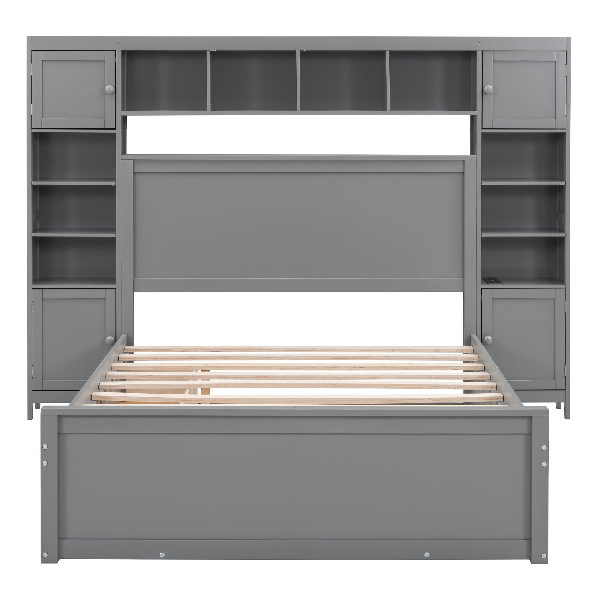 Full Size Wooden Bed With All In One Cabinet, Shelf And Sockets,Twin Size Trundle, Gray Full Gray Solid Wood
