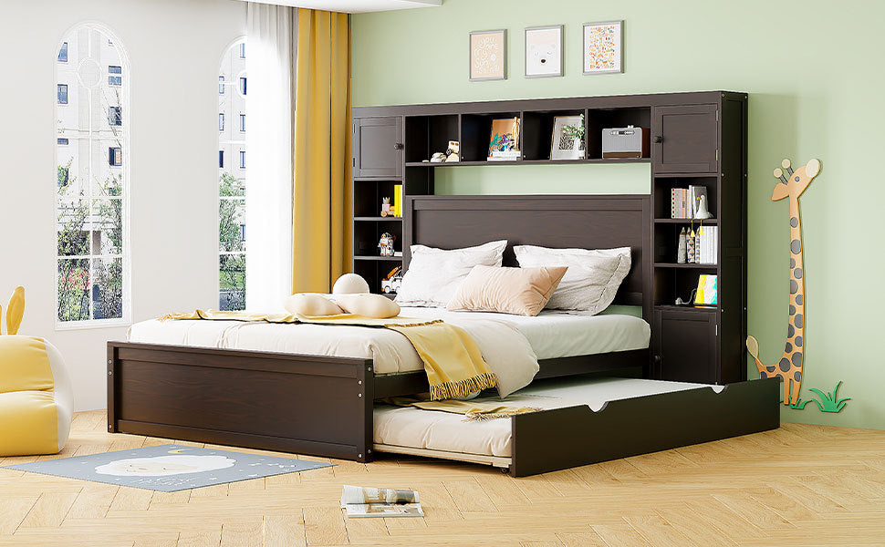 Queen Size Wooden Bed With All In One Cabinet, Shelf And Sockets,Twin Xl Trundle,Espresso Queen Espresso Solid Wood