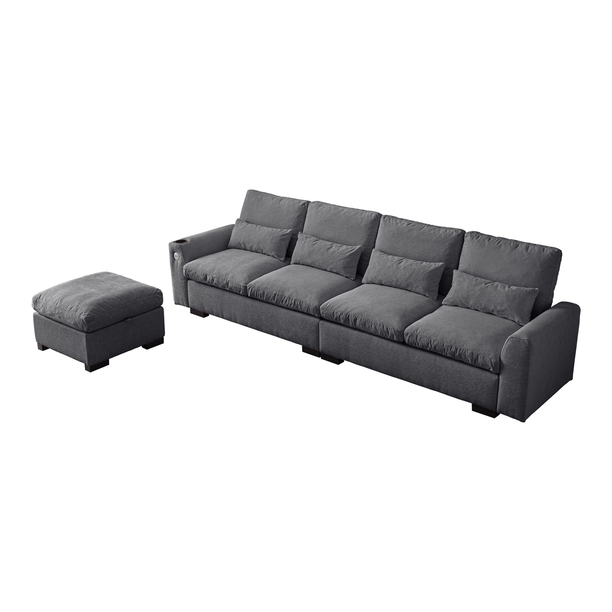 114.5"Modern Modular L Shaped Chenille Sofa Couch Reversible Ottoman With Storage Removable And Washable Cushions Sofa With Usb Ports & Cup Holder For Living Room Dark Grey Modern Foam Chenille
