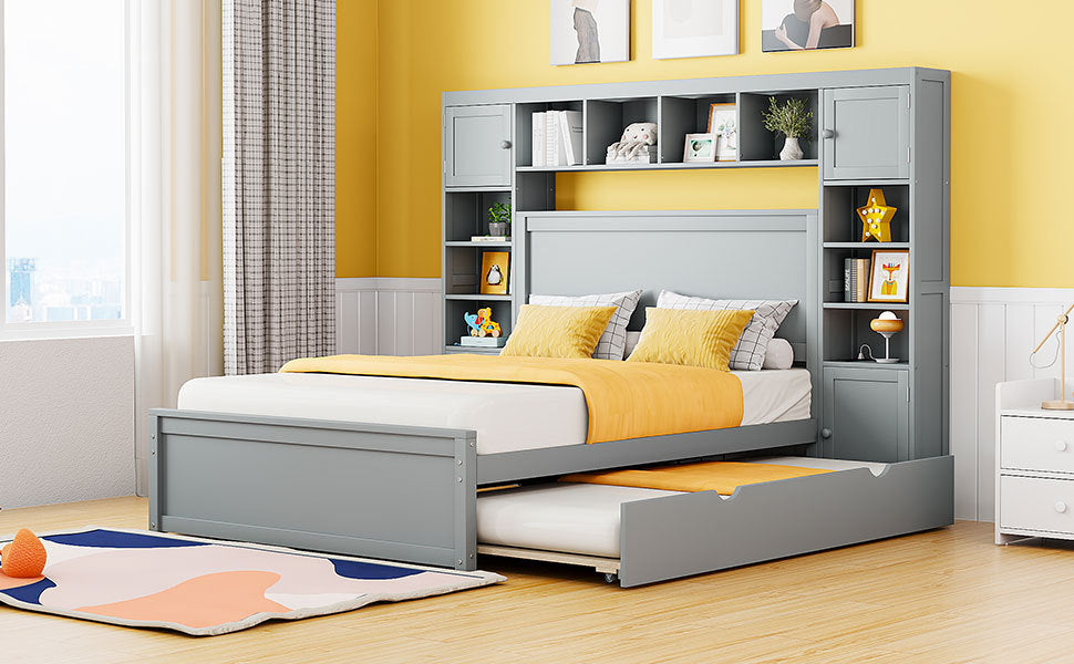 Full Size Wooden Bed With All In One Cabinet, Shelf And Sockets,Twin Size Trundle, Gray Full Gray Solid Wood