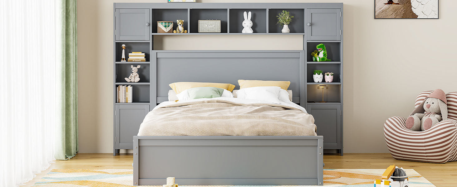 Queen Size Wooden Bed With All In One Cabinet, Shelf And Sockets, Gray Gray Solid Wood