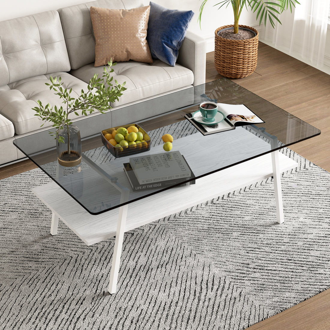 Rectangle Coffee Table, Tempered Glass Tabletop With White Metal Legs, Modern Table For Living Roomgray Glass Gray Tempered Glass