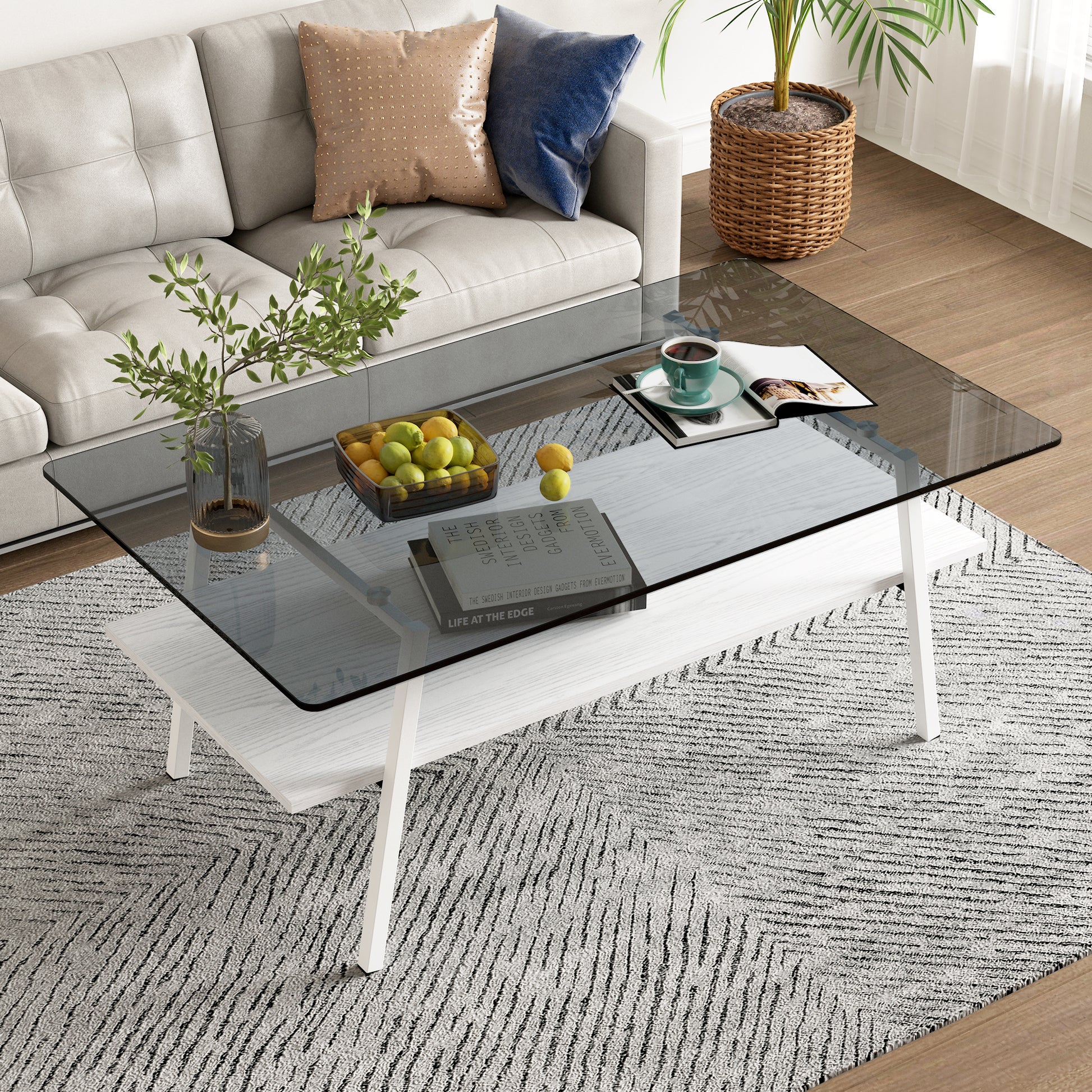 Rectangle Coffee Table, Tempered Glass Tabletop With White Metal Legs, Modern Table For Living Roomgray Glass Gray Tempered Glass