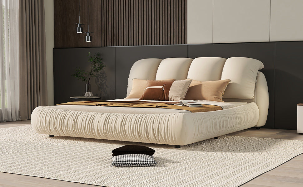 Queen Size Luxury Upholstered Bed With Thick Headboard, Velvet Queen Bed With Oversized Padded Backrest, Beige Expect Arrival Date 2024 4 9 Queen Beige Velvet