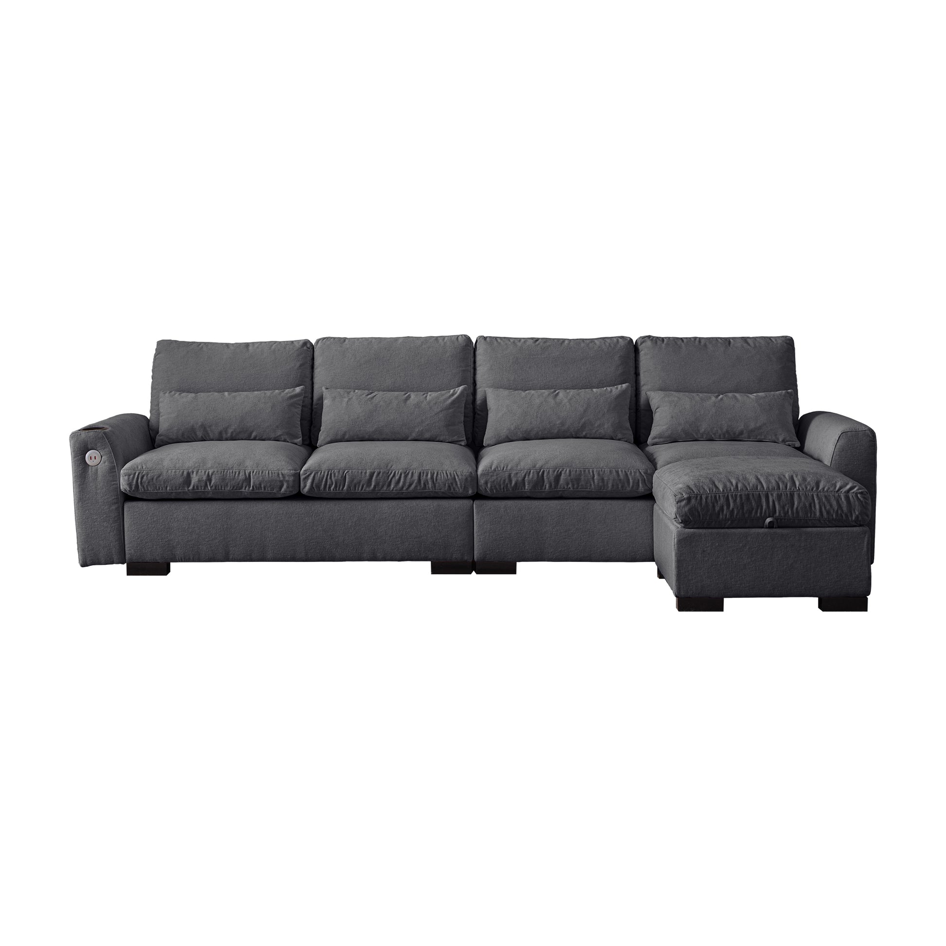 114.5"Modern Modular L Shaped Chenille Sofa Couch Reversible Ottoman With Storage Removable And Washable Cushions Sofa With Usb Ports & Cup Holder For Living Room Dark Grey Modern Foam Chenille