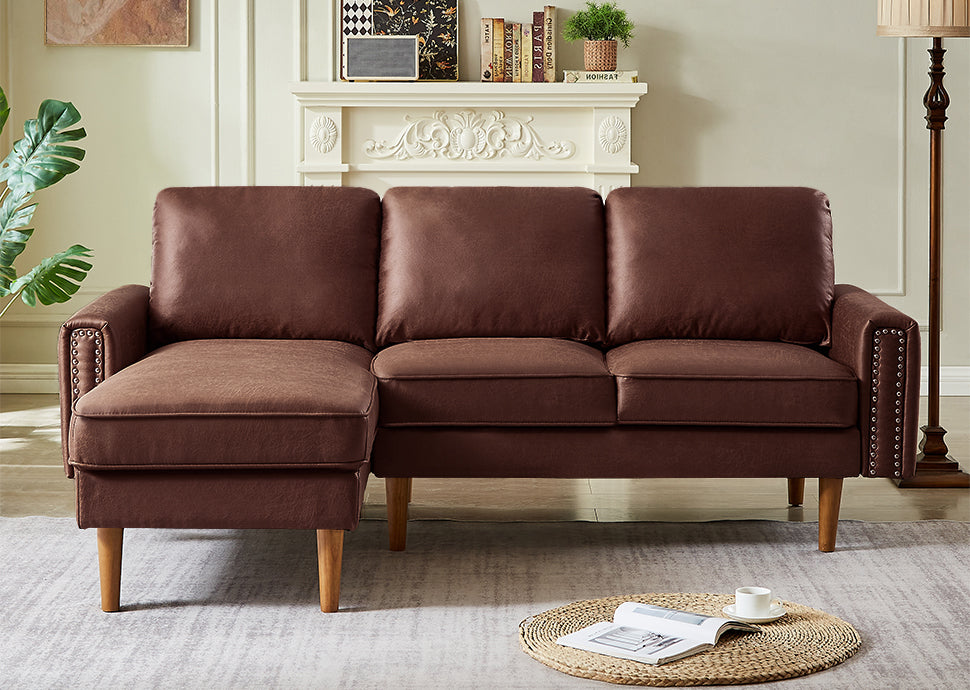 82.2"L Shape Sofa Couch With Chais Mid Century Copper Nail On Arms,Strong Wooden Leg And Suede Fabric Design That Will Complement Any Living Space.Left Chaise,Dark Brown Dark Brown Tech Cloth