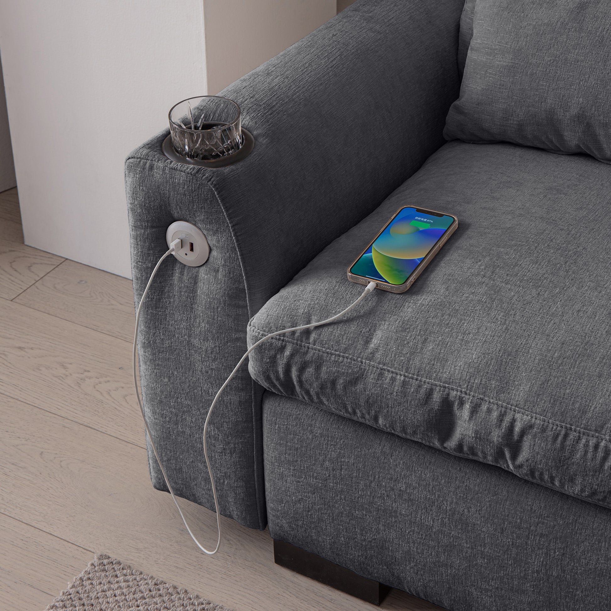 114.5"Modern Modular L Shaped Chenille Sofa Couch Reversible Ottoman With Storage Removable And Washable Cushions Sofa With Usb Ports & Cup Holder For Living Room Dark Grey Modern Foam Chenille