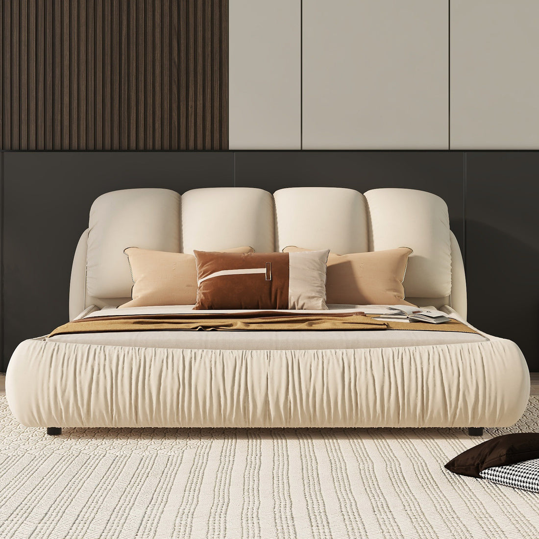 Queen Size Luxury Upholstered Bed With Thick Headboard, Velvet Queen Bed With Oversized Padded Backrest, Beige Expect Arrival Date 2024 4 9 Queen Beige Velvet